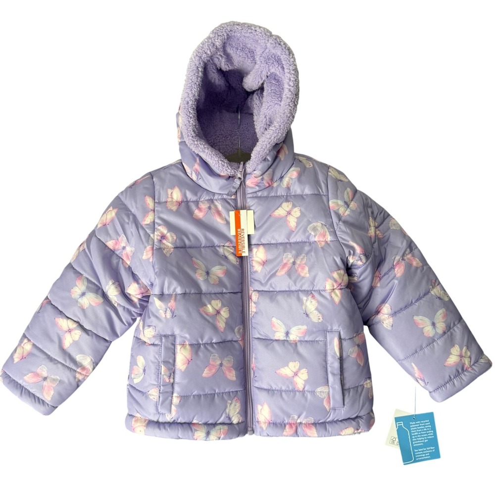 Falls Creek Kids 5T Reversible Puffer Coat Purple Butterfly Sherpa Insulated New